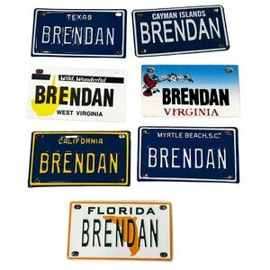 Set Of 7 Personalized "Brendan" Mini License Plates - US States & Cayman Islands